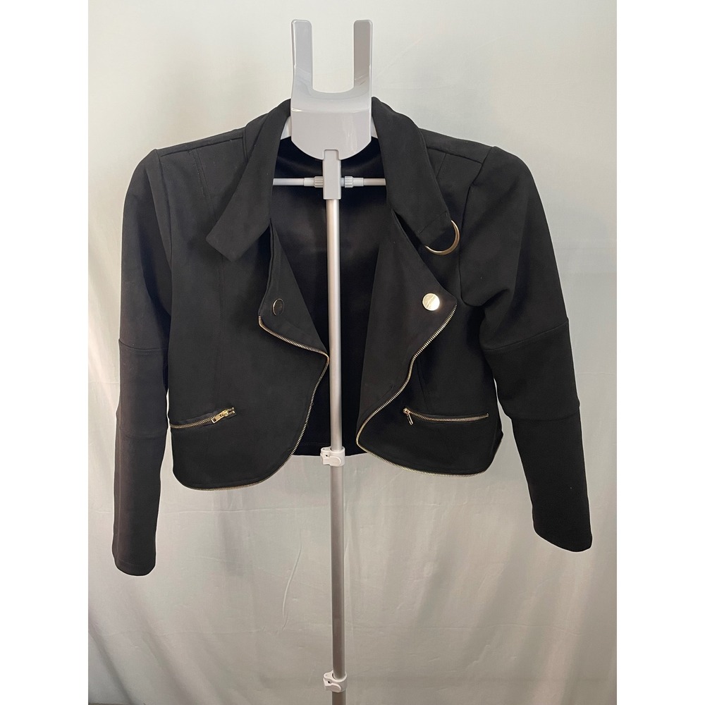 Soho Apparel Black Moto Jacket Size M Lightweight Cropped Gold Accents‎ B11